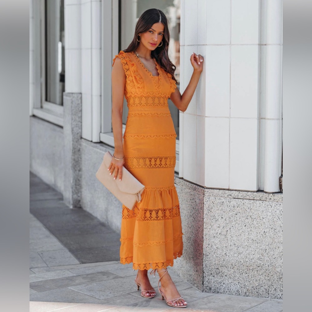 VICI sacha cotton linen crochet tiered midi dress in tangerine NWT